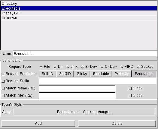 Types page, 'Executable' type selected